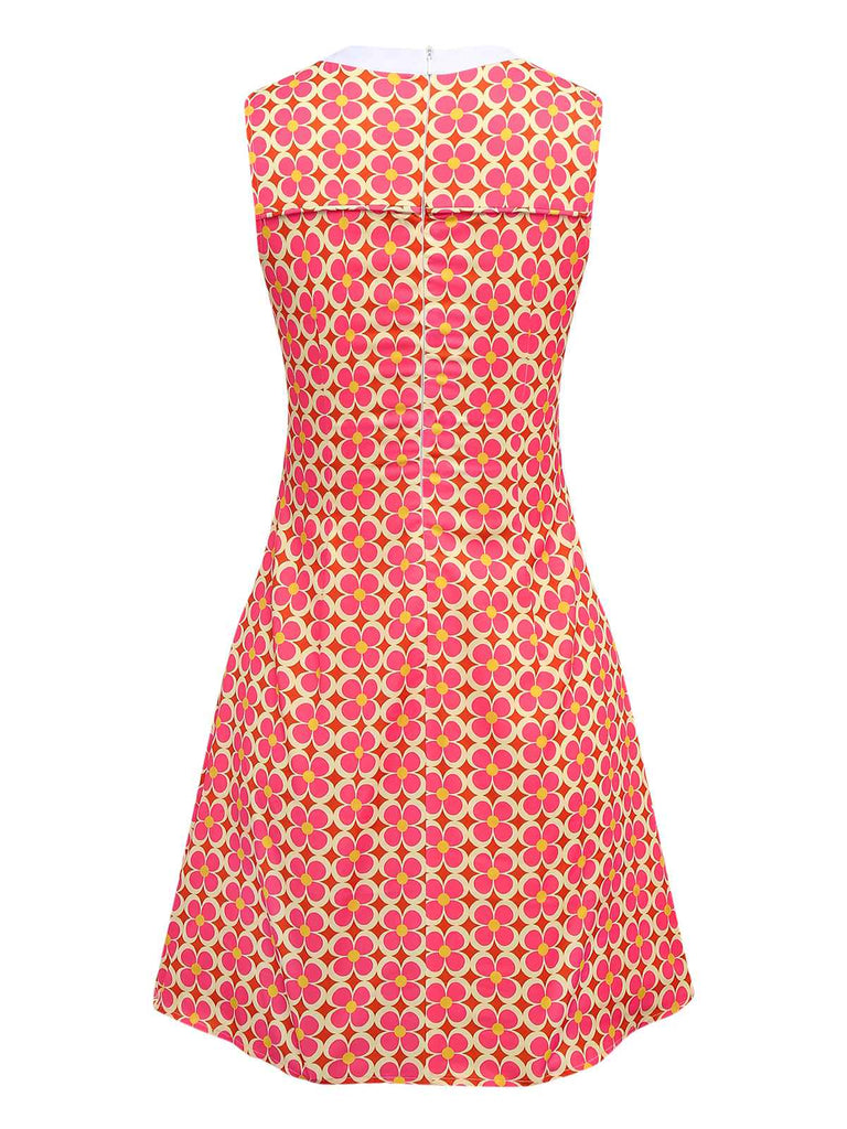 Robe orange imprimé fleurs contrastées boutonnée années 1960