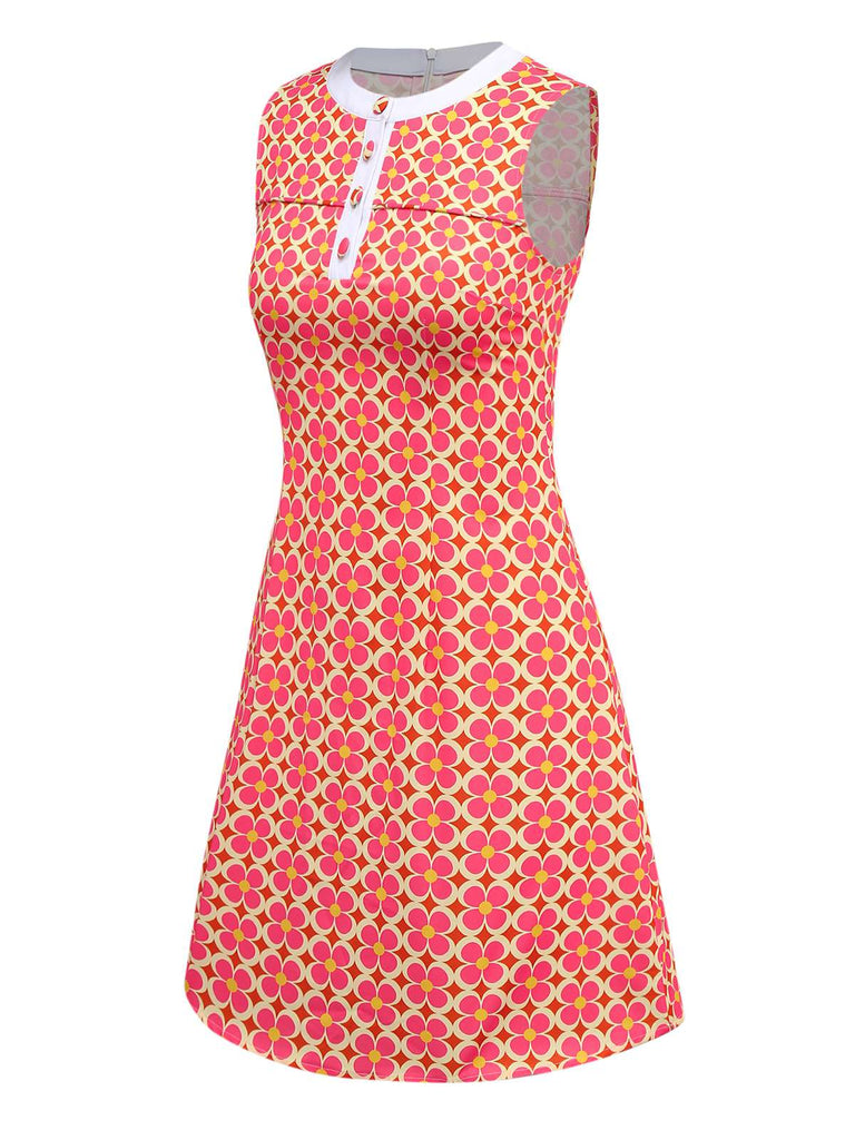 Robe orange imprimé fleurs contrastées boutonnée années 1960