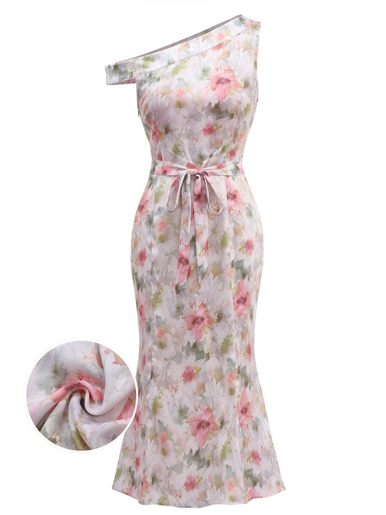 [Prévente] Robe sirène beige col oblique fleurs peint des années 1930