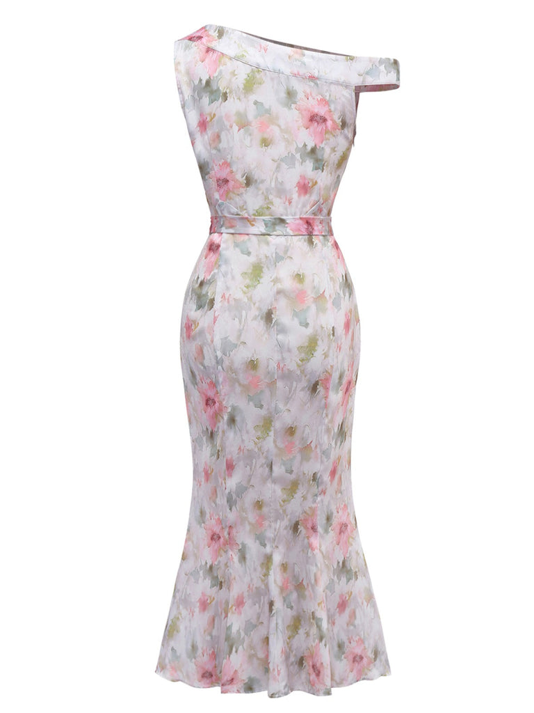 [Prévente] Robe sirène beige col oblique fleurs peint des années 1930
