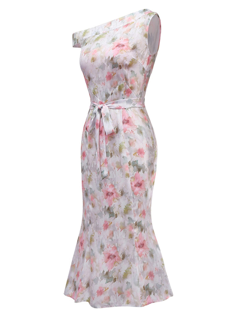 [Prévente] Robe sirène beige col oblique fleurs peint des années 1930