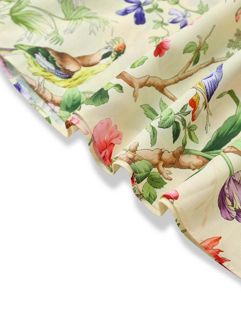 [Prévente] Robe jaune oiseaux et fleurs à volants années 1950