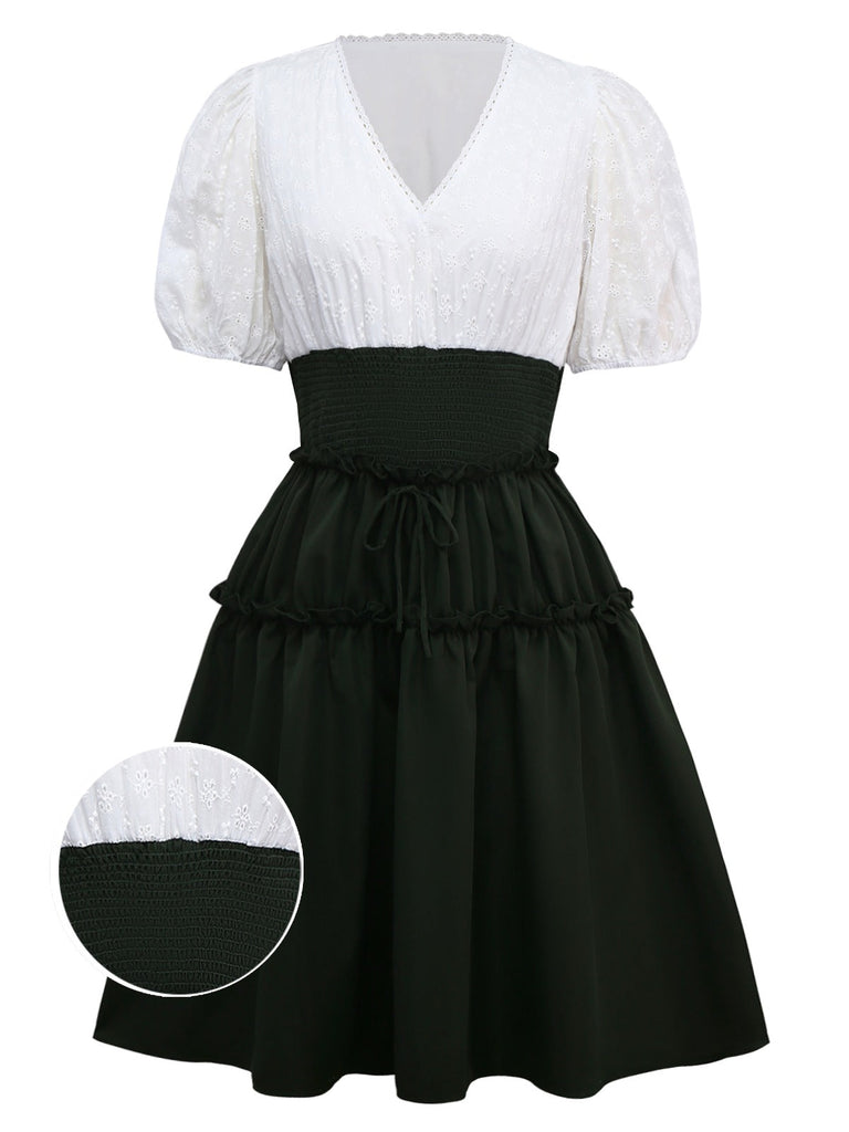 [Prévente] [Grande taille] Robe verte en coton brodée col V et fleurs des années 1950