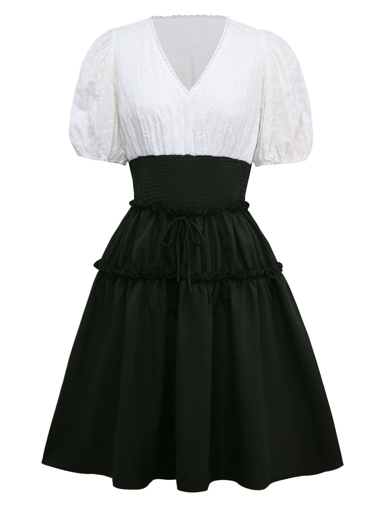 [Prévente] [Grande taille] Robe verte en coton brodée col V et fleurs des années 1950