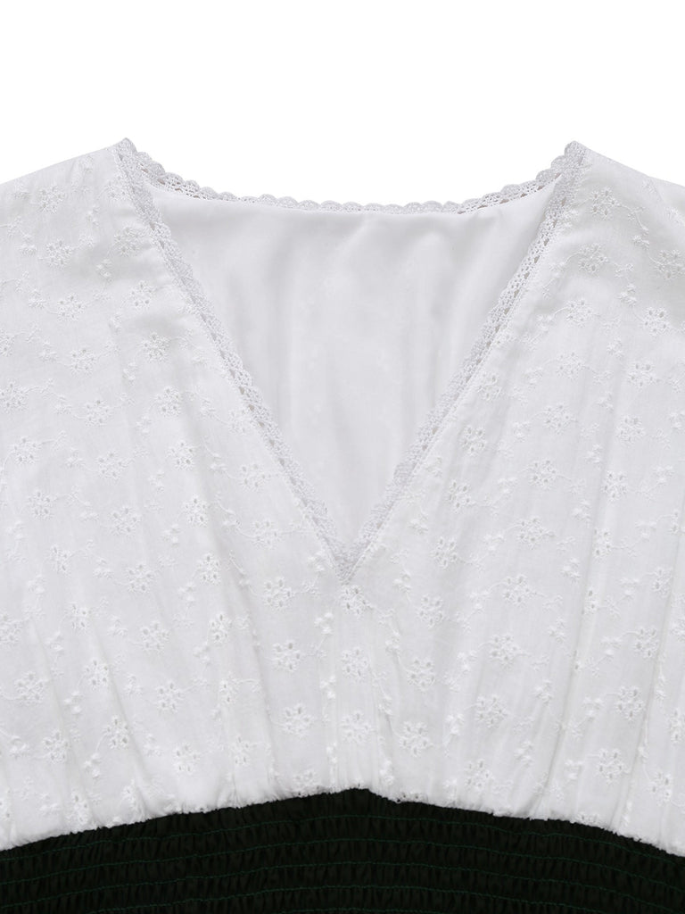 [Prévente] [Grande taille] Robe verte en coton brodée col V et fleurs des années 1950