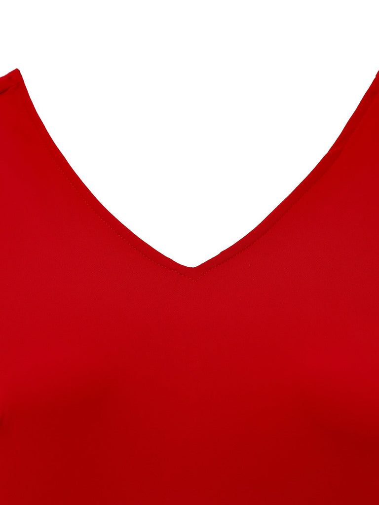 [Prévente] Combishort croisée rouge unie à col en V des années 1950