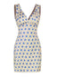Robe à fleurs bleu et abricot larges bretelles col V profond des années 1960