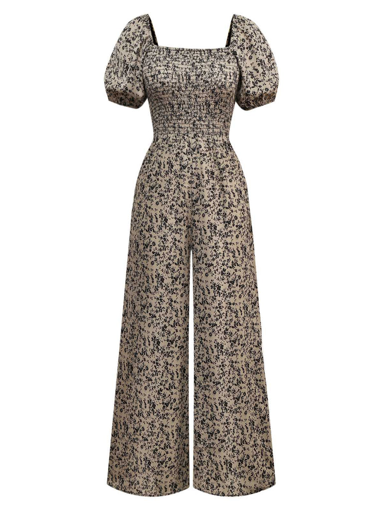 Combinaison marron à fleurs à manches bouffantes années 1930