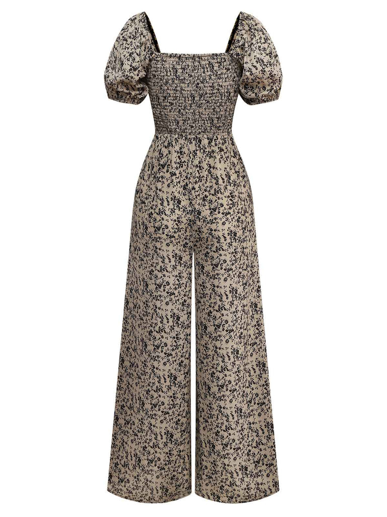 Combinaison marron à fleurs à manches bouffantes années 1930