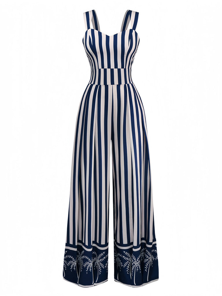 Combinaison bleue à rayures verticales et palmiers des années 1930