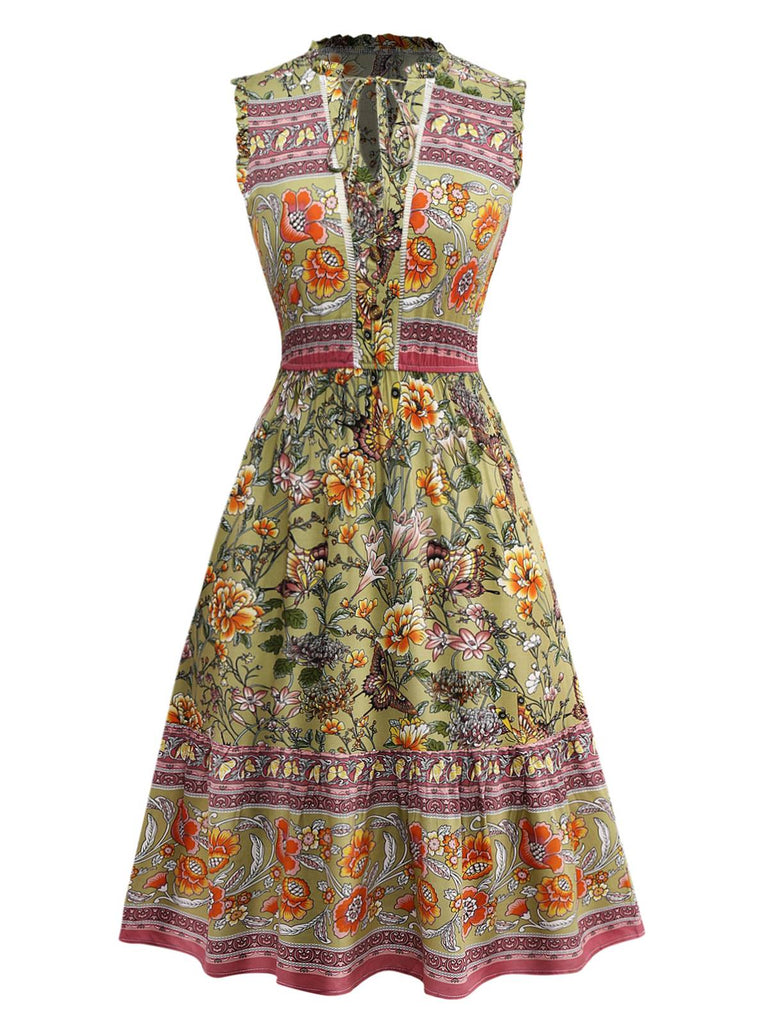 Robe verte à fleurs style bohème années 1970