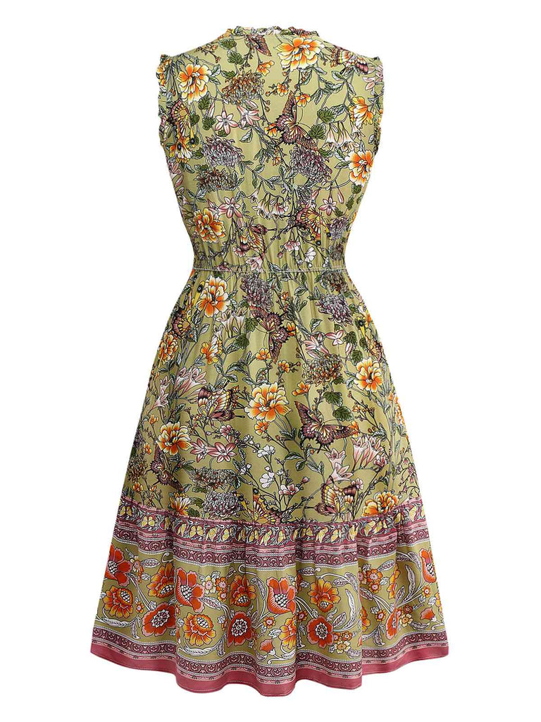 Robe verte à fleurs style bohème années 1970