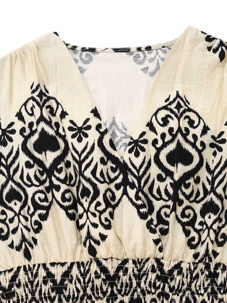 Robe abricot manches mancheron col V imprimé piques années 1970