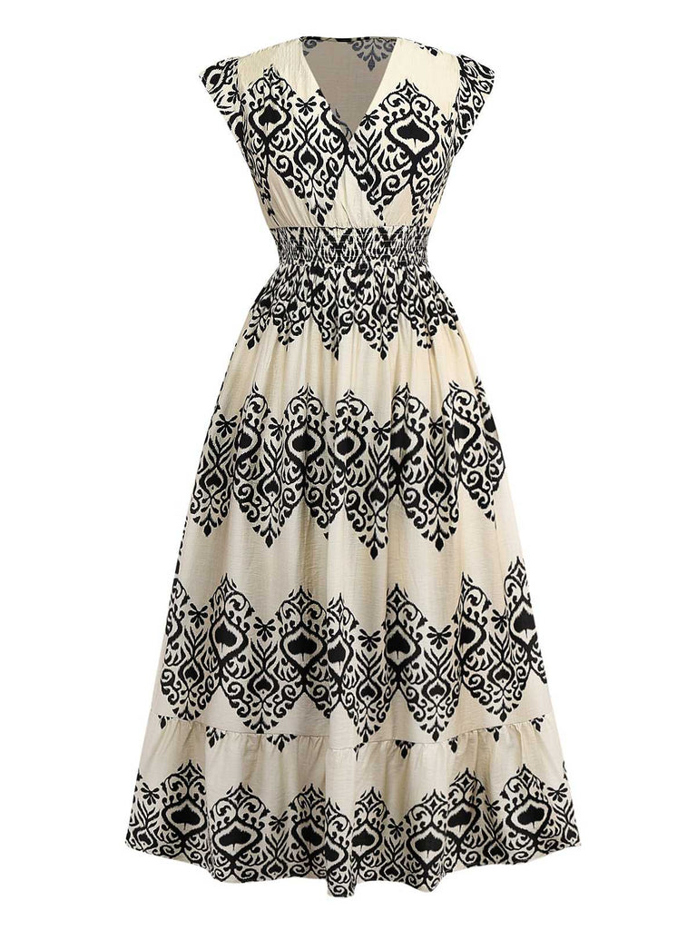 Robe abricot manches mancheron col V imprimé piques années 1970