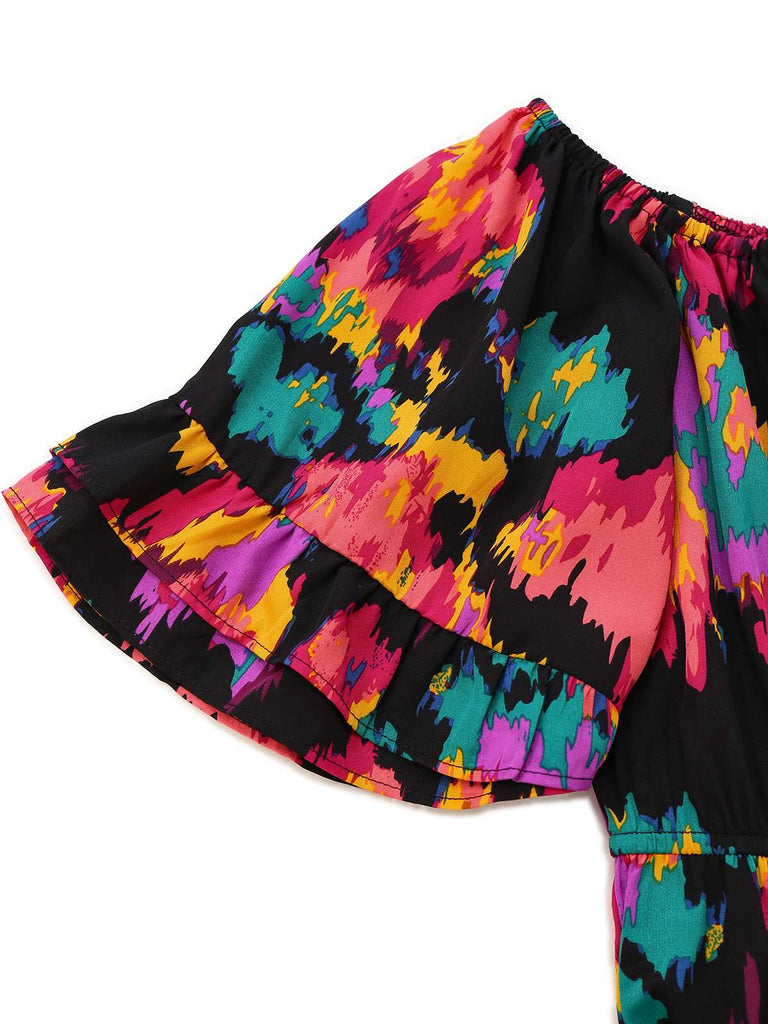 Combishort multicolore motifs abstraits à volants épaules dénudées années 1960