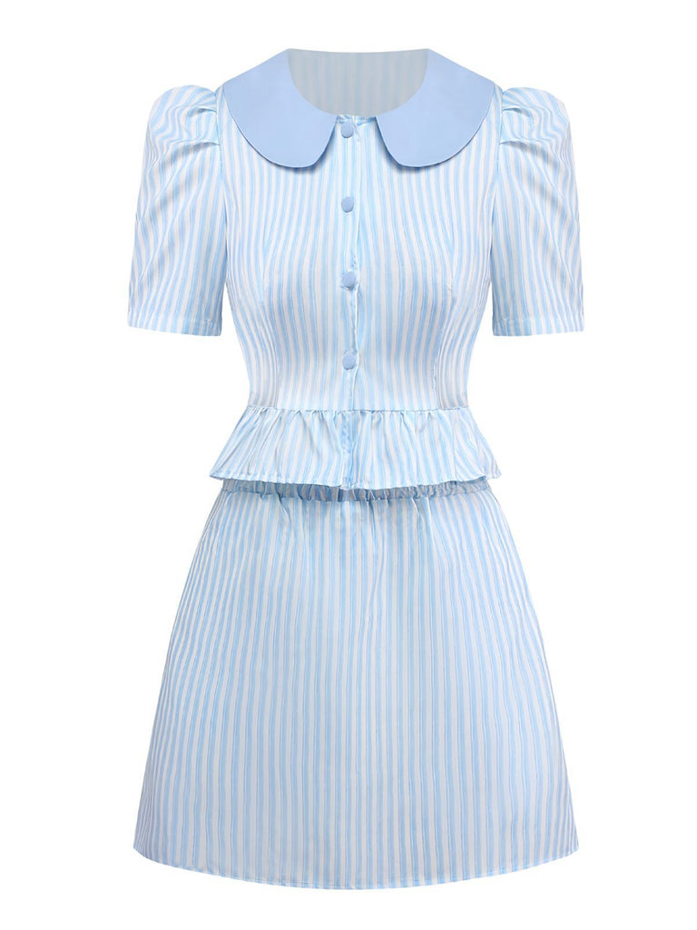 2PCS Chemisier et jupe à rayures et col Claudine années 1960
