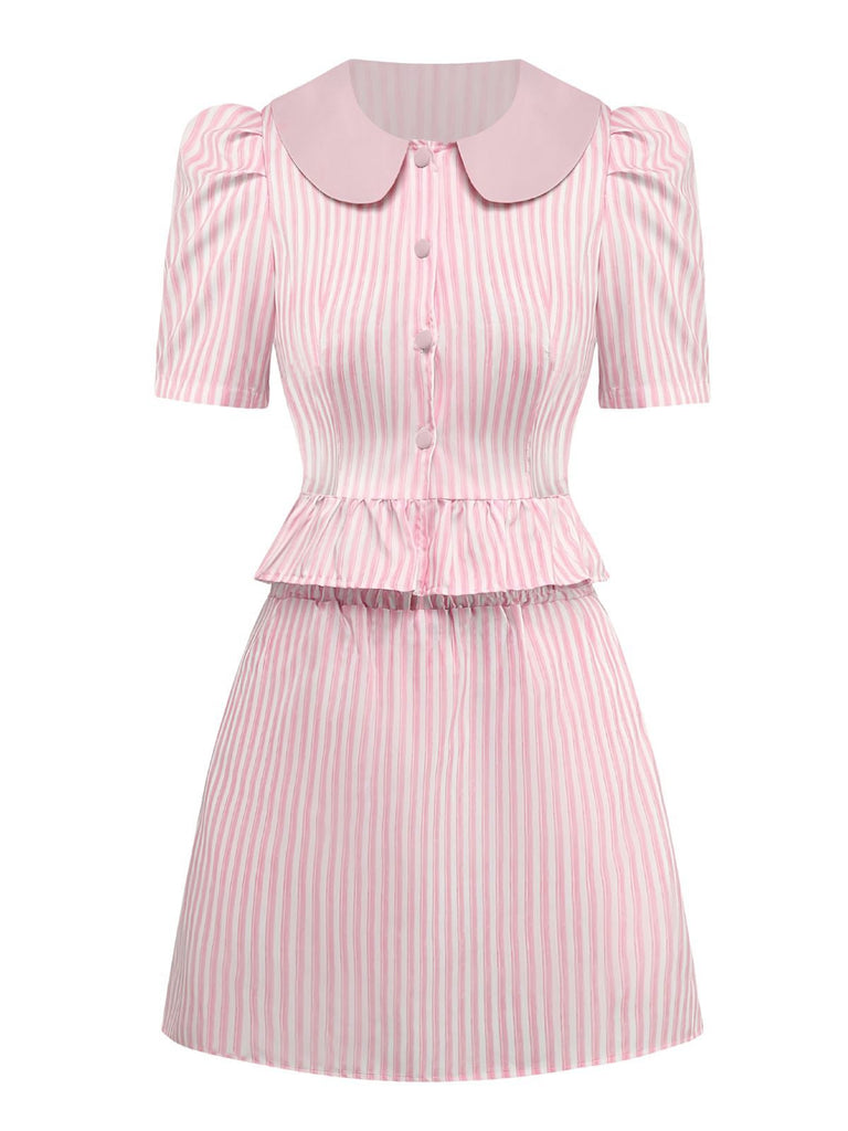 2PCS Chemisier et jupe à rayures et col Claudine années 1960
