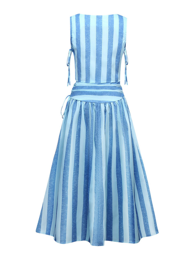 2PCS Haut rayures bleues col carré et jupe froncée des années 1950