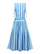 2PCS Haut rayures bleues col carré et jupe froncée des années 1950