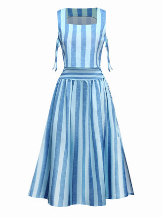 2PCS Haut rayures bleues col carré et jupe froncée des années 1950