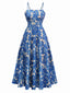 Robe bleue à bretelles motif floral des années 1940