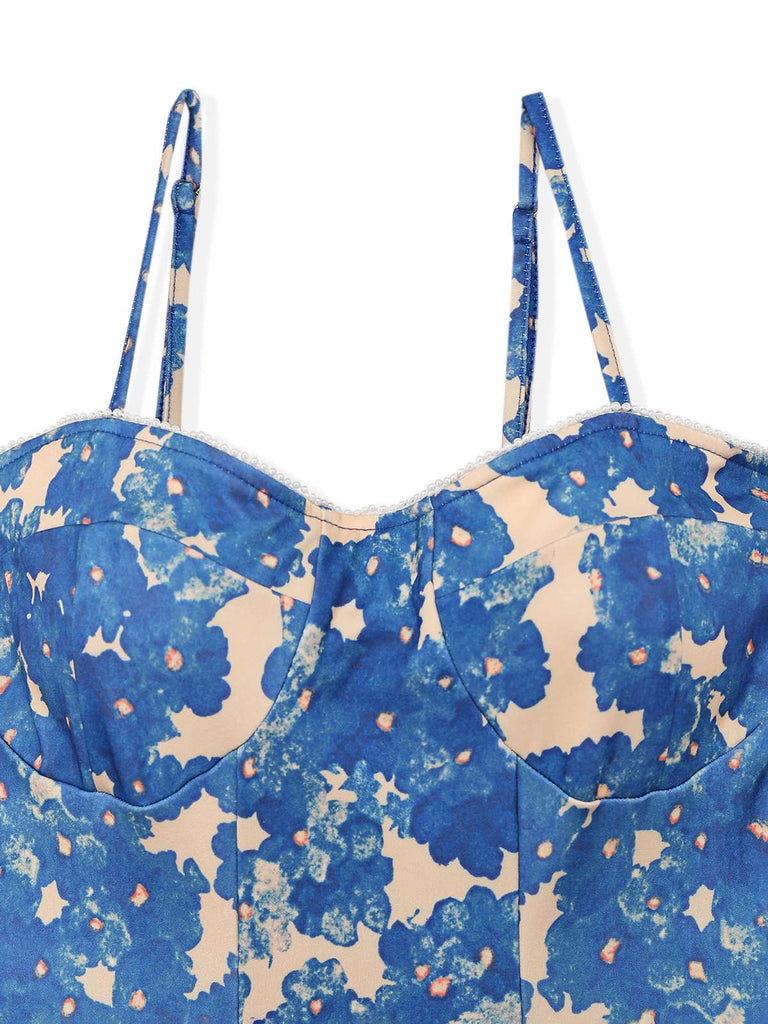 Robe bleue à bretelles motif floral des années 1940