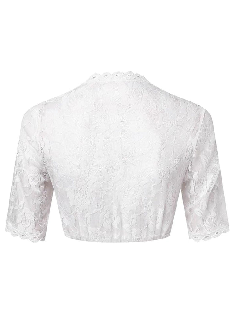 Haut court blanche à col en V en dentelle fleur années 1950