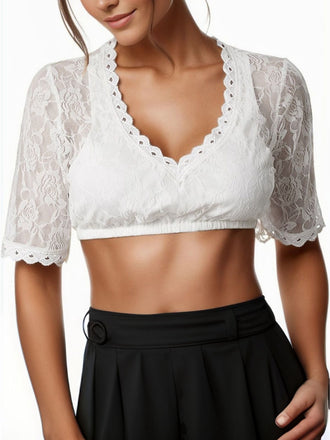 Haut court blanche à col en V en dentelle fleur années 1950