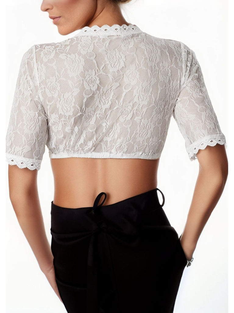 Haut court blanche à col en V en dentelle fleur années 1950