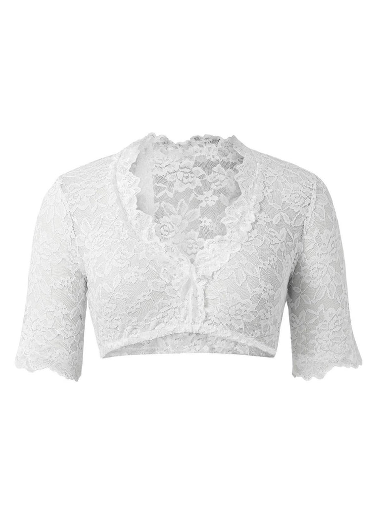 Haut court blanc uni en dentelle florale à col en V des années 1950