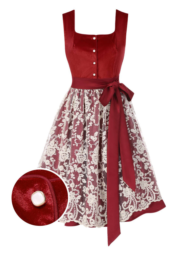 [Prévente] 2PCS robe en velours rouge et tablier en dentelle florale des années 1950