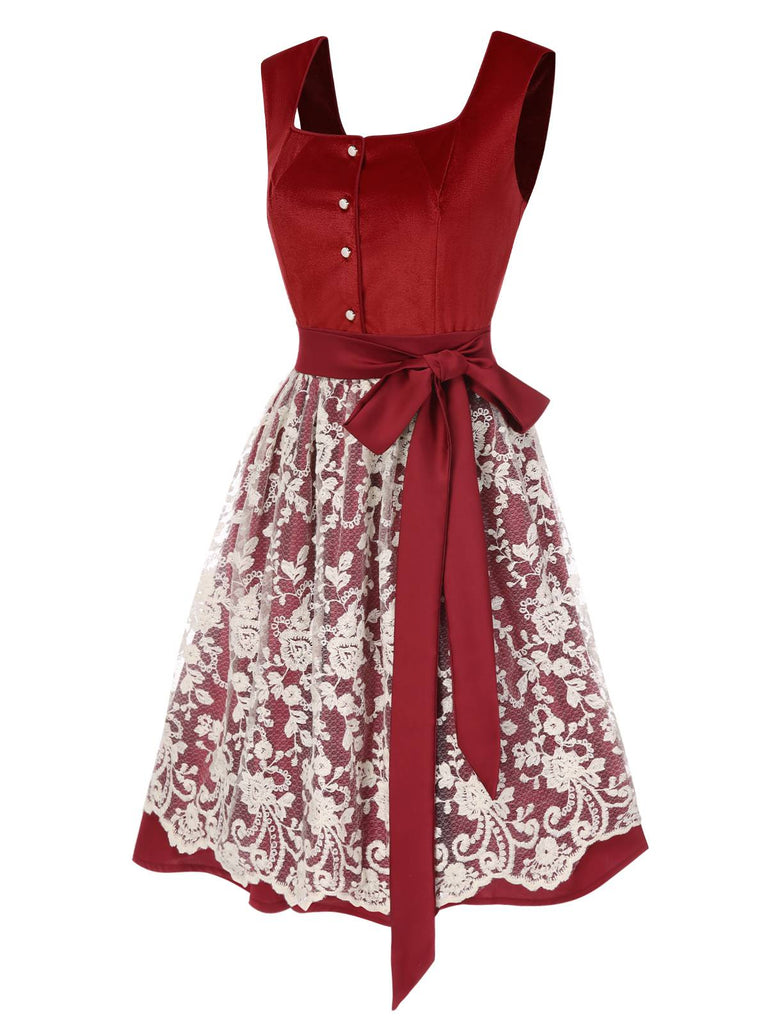 [Prévente] 2PCS robe en velours rouge et tablier en dentelle florale des années 1950