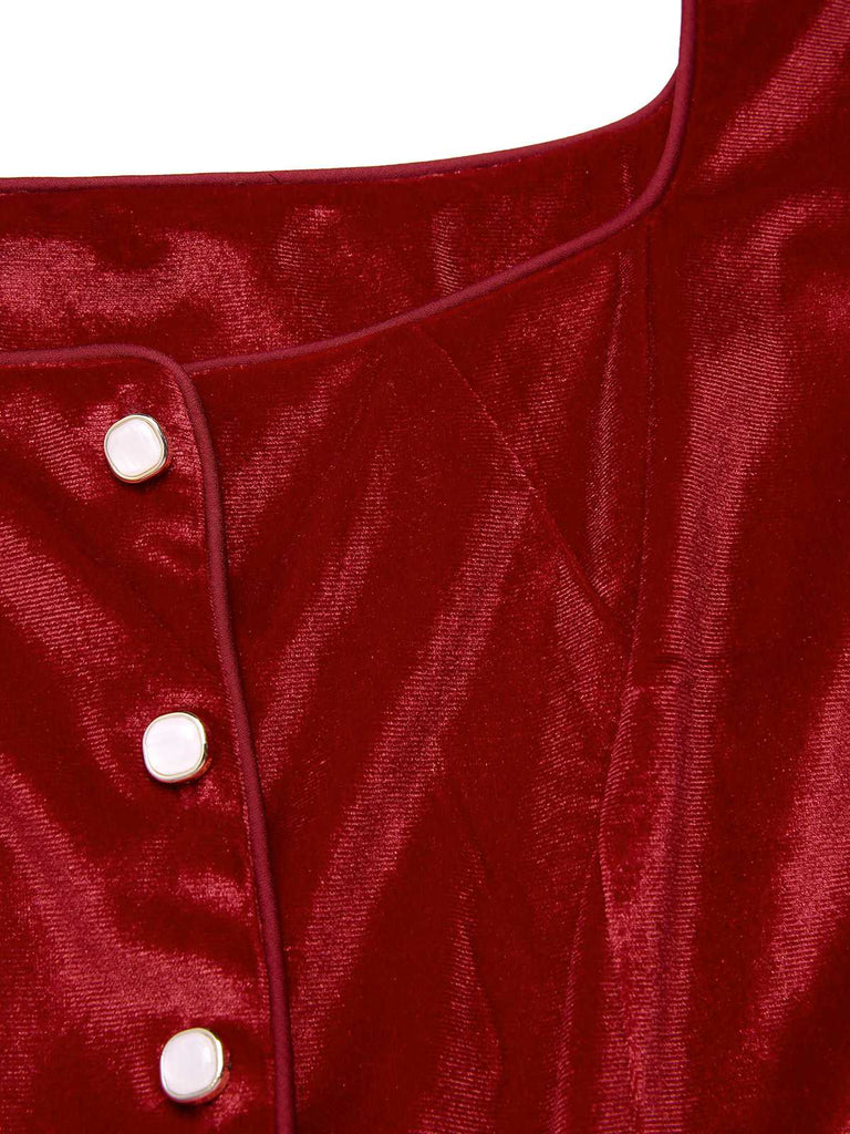 [Prévente] 2PCS robe en velours rouge et tablier en dentelle florale des années 1950