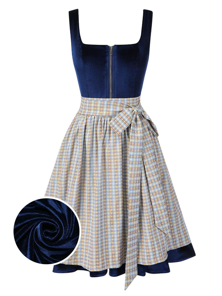 [Prévente] Robe en velours bleu col carré et tablier à carreaux années 50