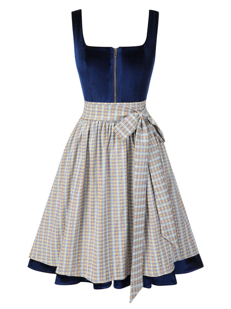 [Prévente] Robe en velours bleu col carré et tablier à carreaux années 50