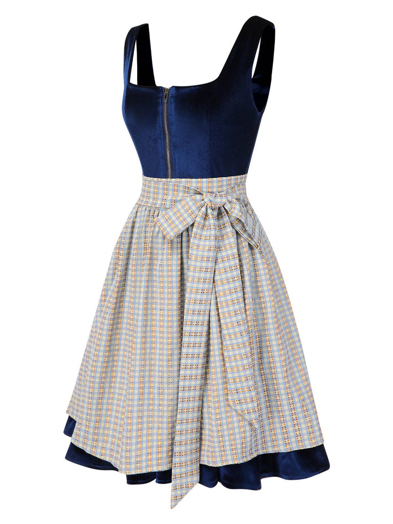 [Prévente] Robe en velours bleu col carré et tablier à carreaux années 50
