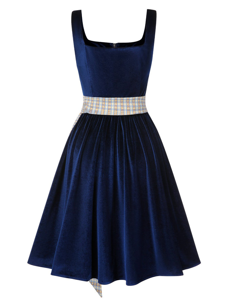 [Prévente] Robe en velours bleu col carré et tablier à carreaux années 50