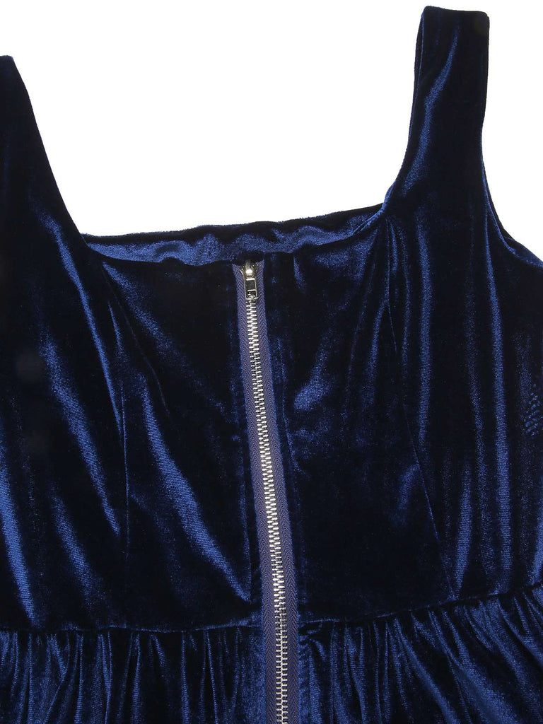 [Prévente] Robe en velours bleu col carré et tablier à carreaux années 50