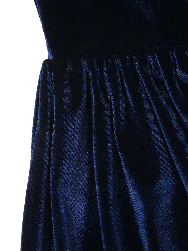 [Prévente] Robe en velours bleu col carré et tablier à carreaux années 50