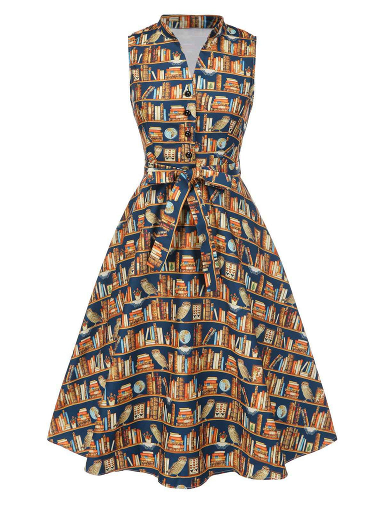[Prévente] Robe multicolore lacets et imprimé bibliothèque années 1950
