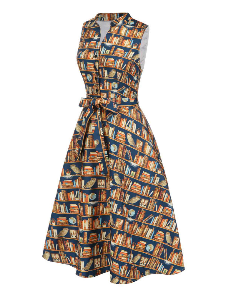 [Prévente] Robe multicolore lacets et imprimé bibliothèque années 1950