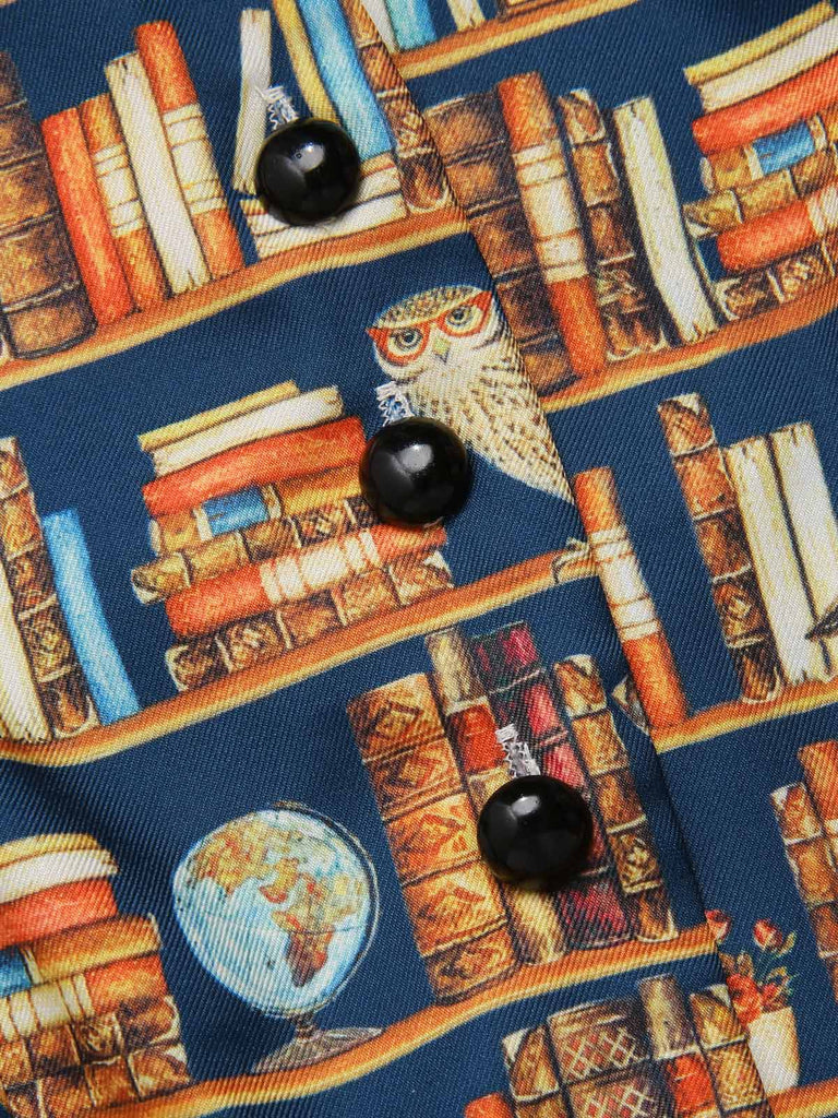 [Prévente] Robe multicolore lacets et imprimé bibliothèque années 1950