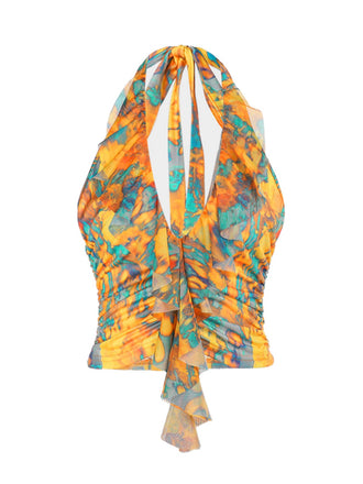 Haut froncé jaune dos nu motif flammes des années 1960