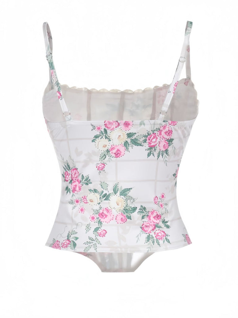 Haut corset rose à bretelles spaghetti florales des années 1950