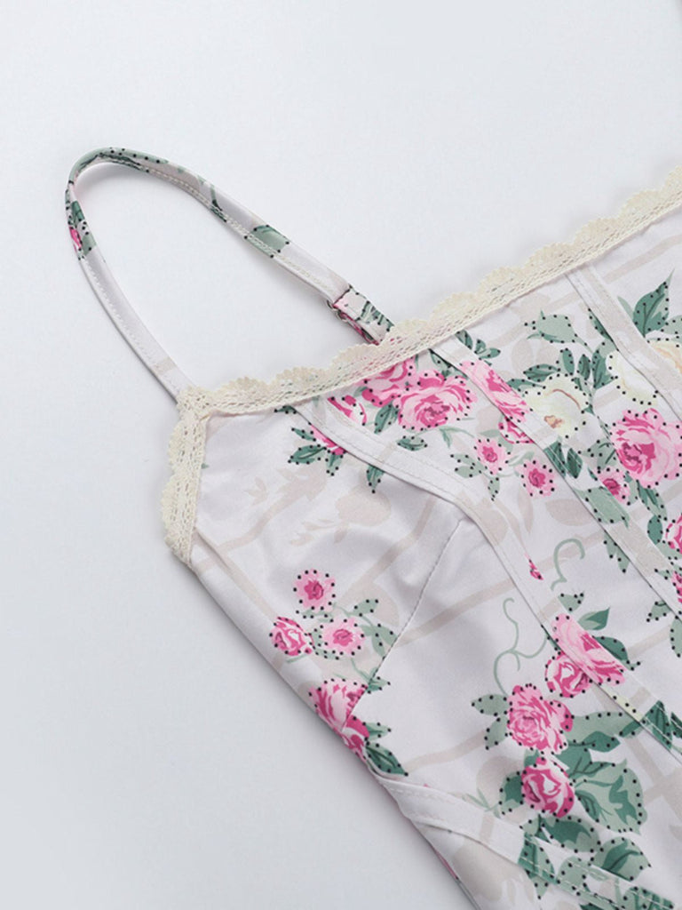 Haut corset rose à bretelles spaghetti florales des années 1950