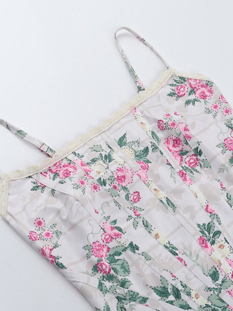 Haut corset rose à bretelles spaghetti florales des années 1950