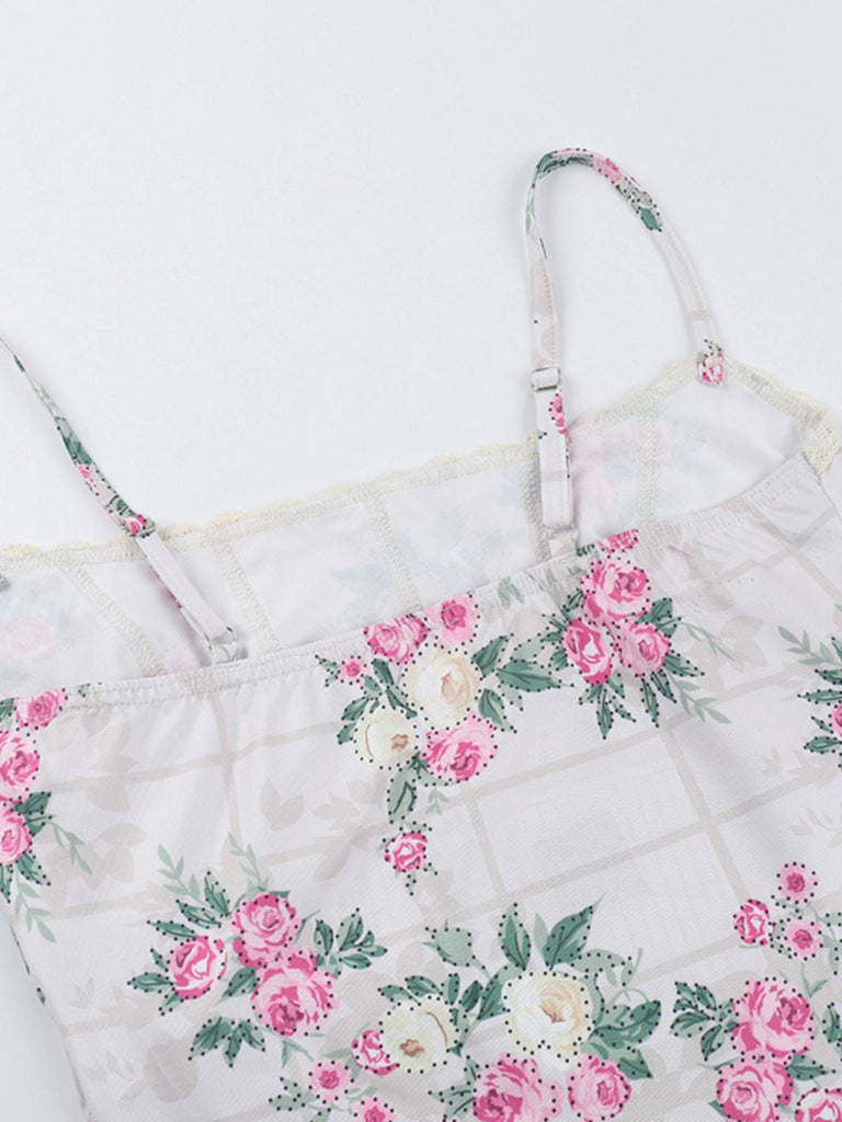Haut corset rose à bretelles spaghetti florales des années 1950