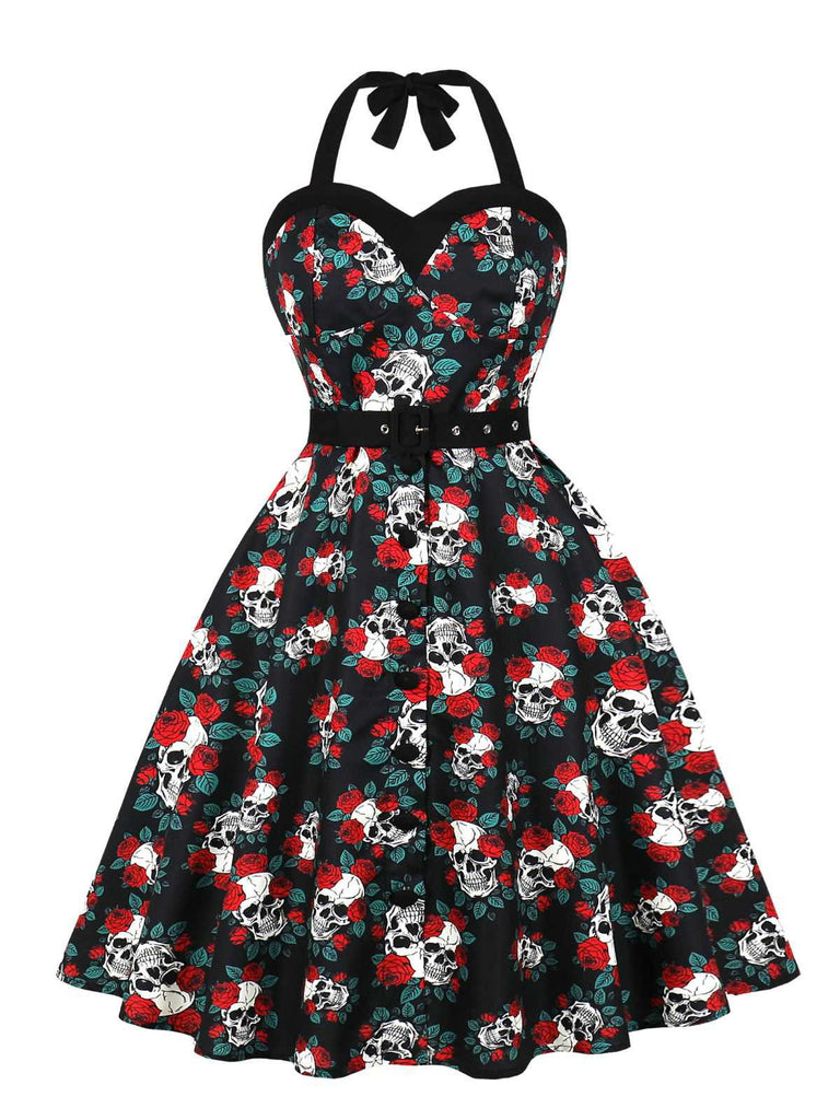 Robe noire licou à motif crânes et roses Halloween années 1950