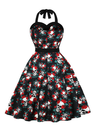Robe noire licou à motif crânes et roses Halloween années 1950