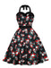 Robe noire licou à motif crânes et roses Halloween années 1950